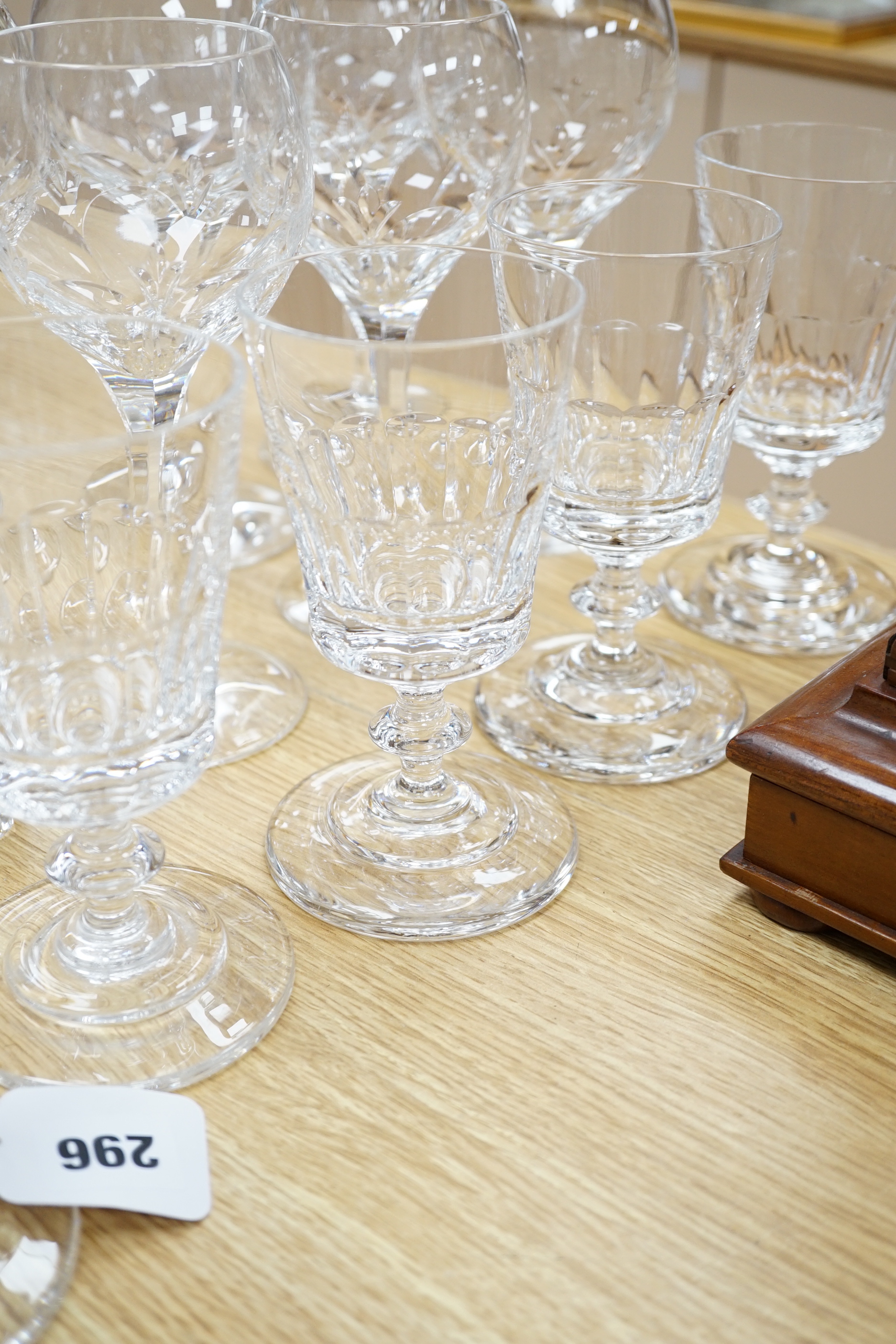 Six 'Willian Yeoward' wine goblets with 'bucket' bowls together with six other tall wines and six matching tumblers (18)